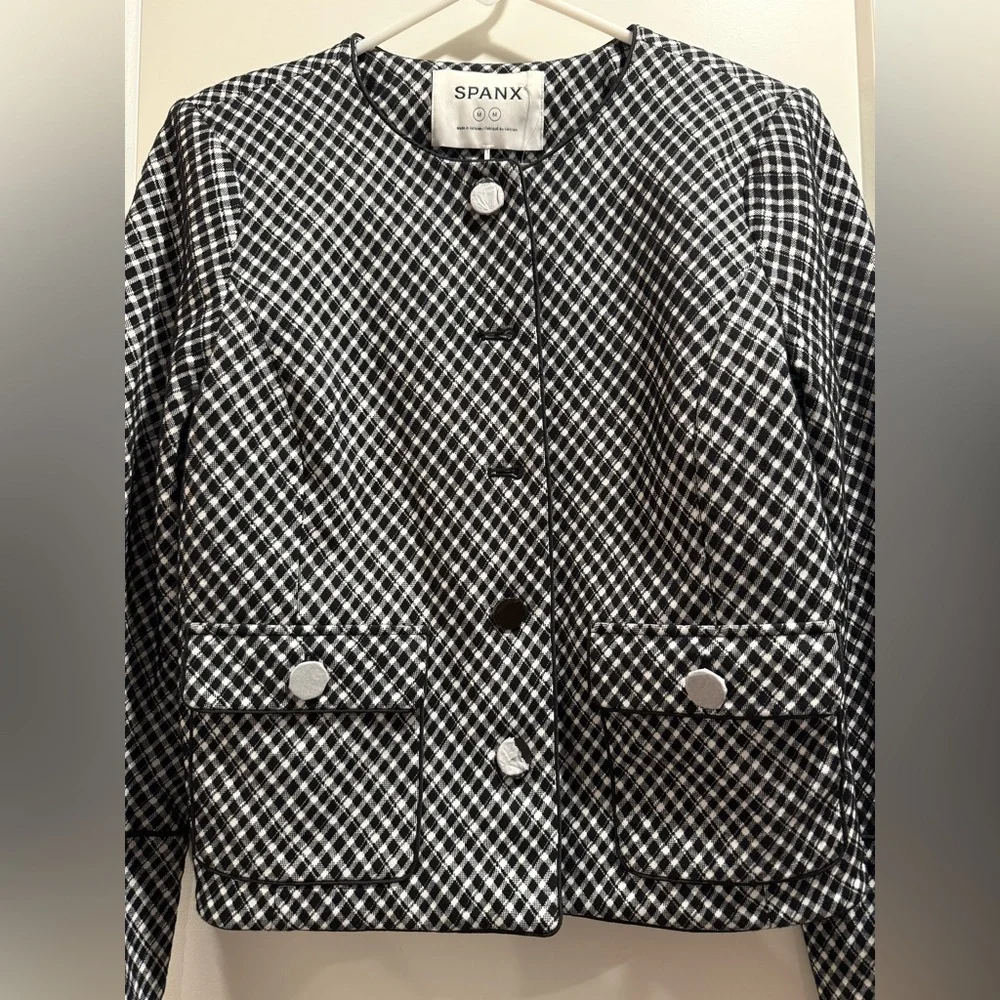 SPANX Ponte Elegant Lady Blazer‎ Jacket Stretch Jacquard Black Plaid Size Medium
